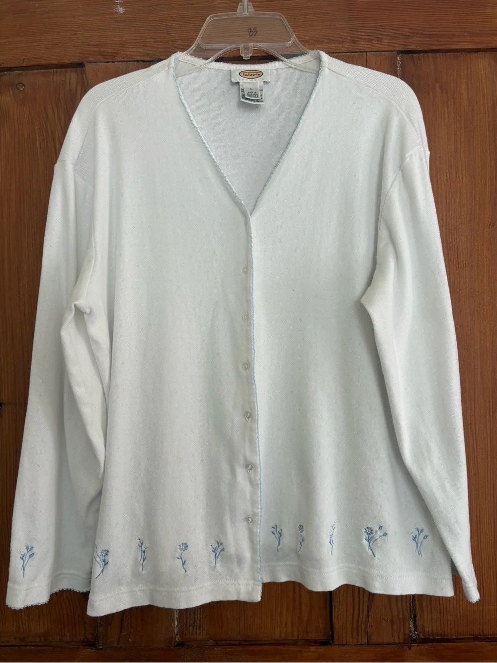 Talbots White Cardigan Sweater Light Blue Floral Trim Cottagecore L - Picture 1 of 7